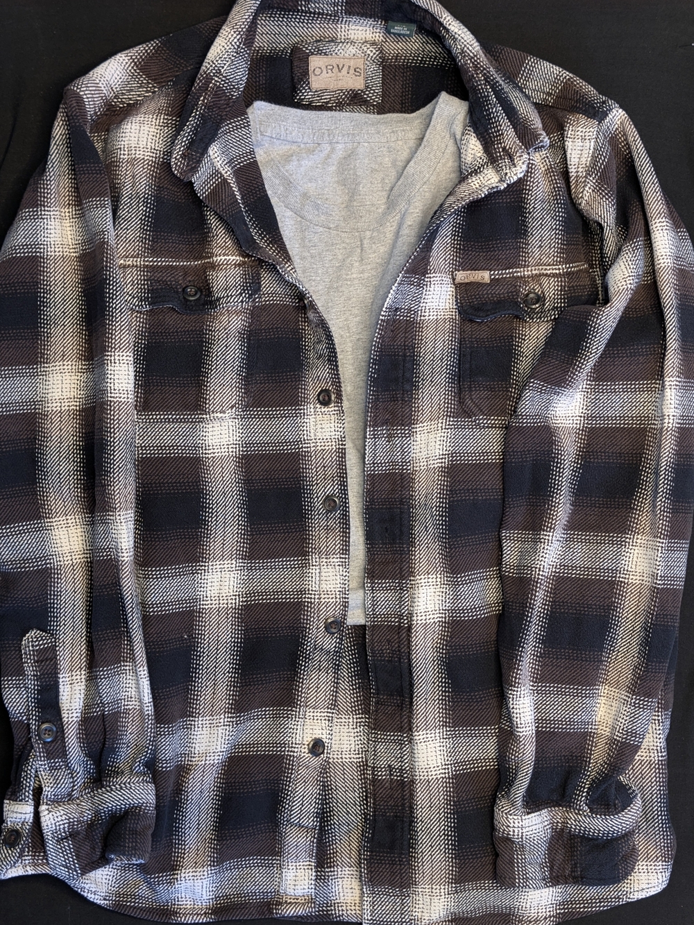 Orvis Heavyweight Plaid Flannel Shirt Jacket With Pockets Men's Large Brown